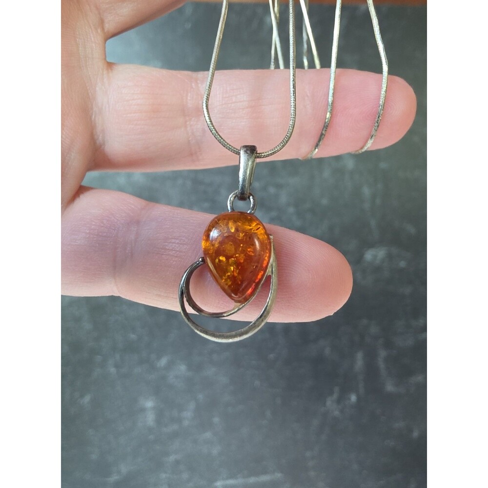 Italian 925 Sterling Silver Amber Pendant Necklace Vintage READ Description